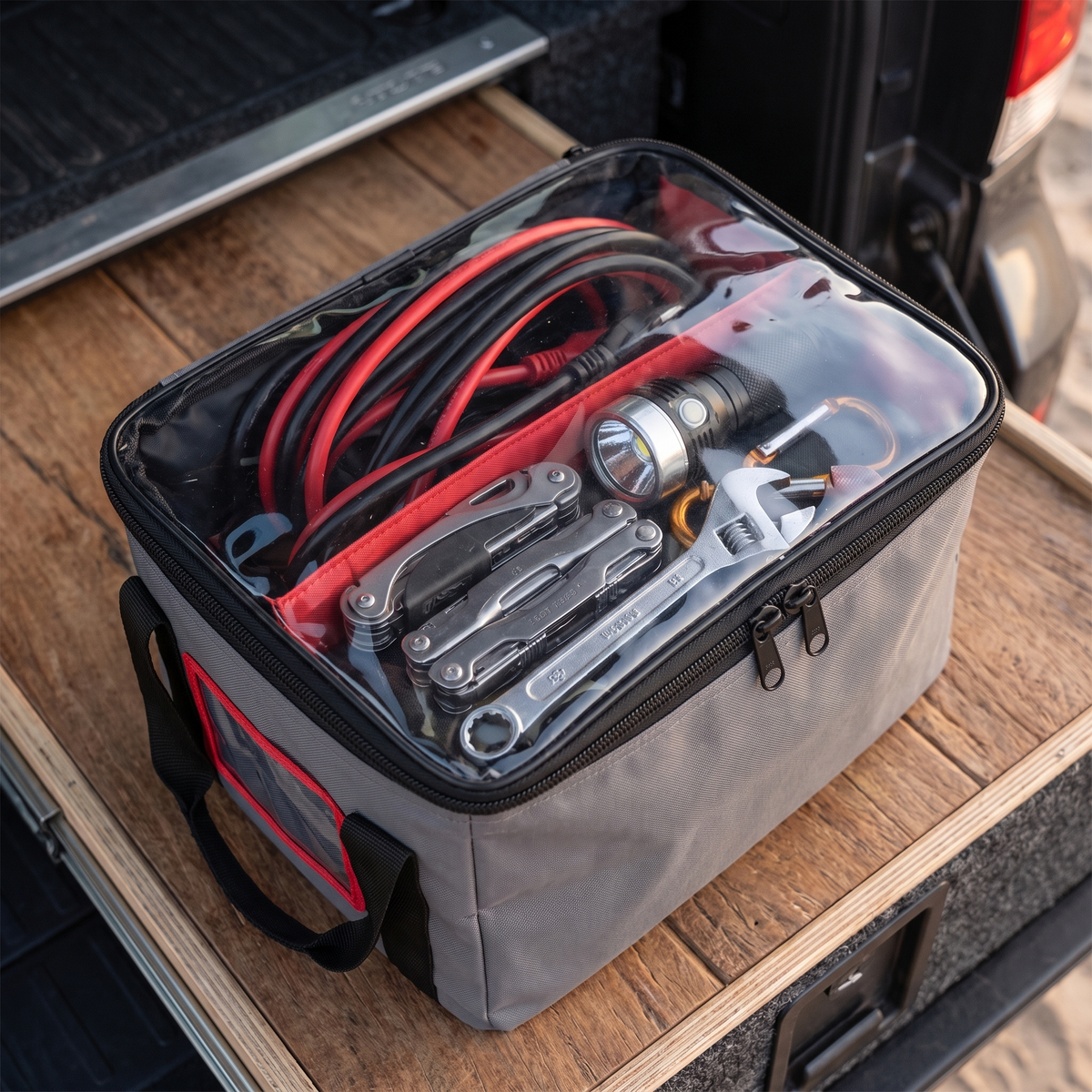 Heavy-Duty Canvas Storage Bag with Clear Lid – clear lid showing packed contents