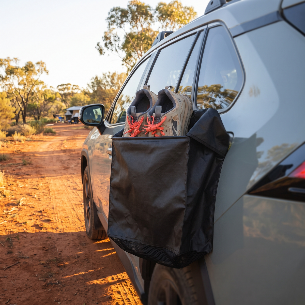 Magnetic Gear & Shoe Storage Bag – in use at a red-dirt outback track at golden hour