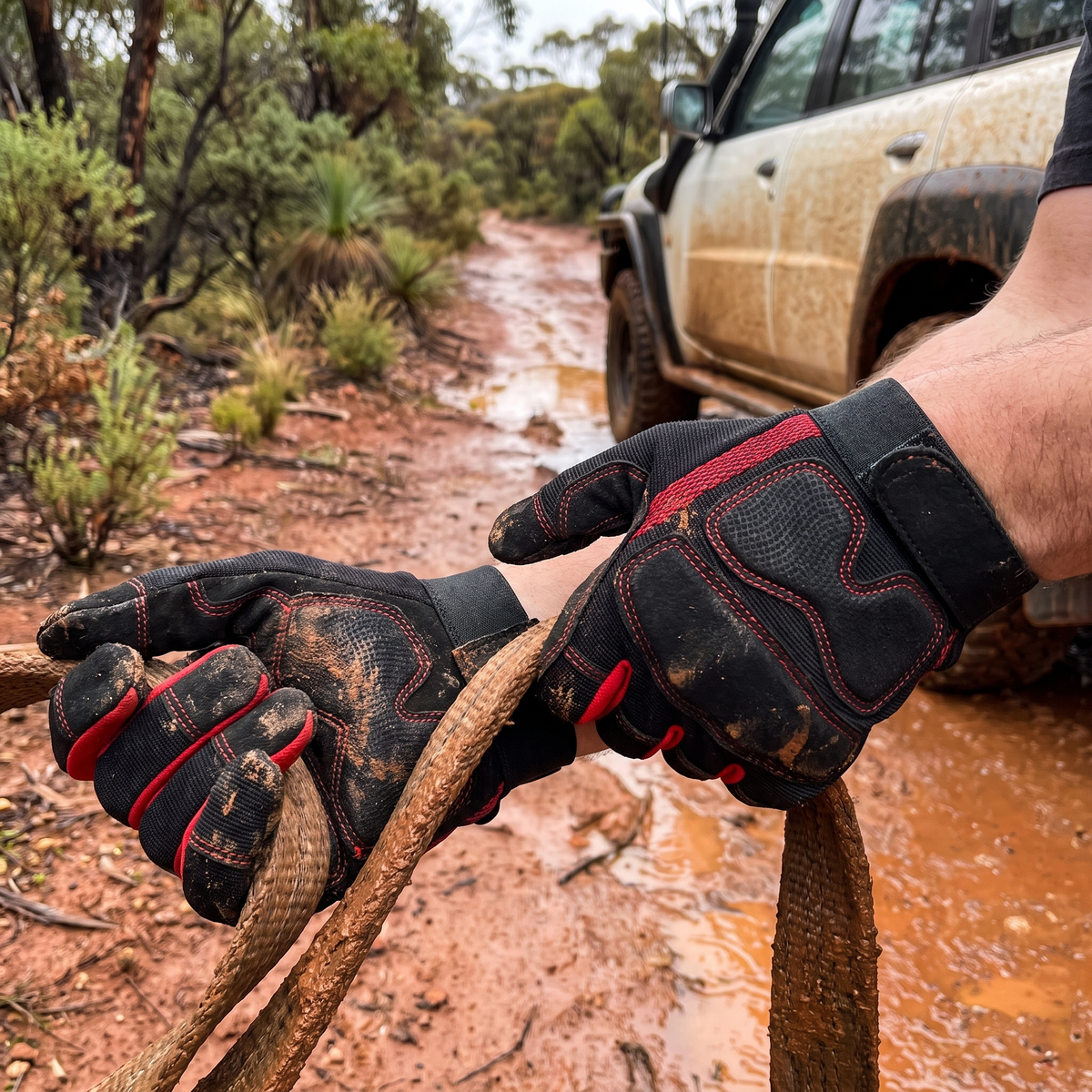 Off-Road Recovery Gloves – in use at a muddy bush track after rain