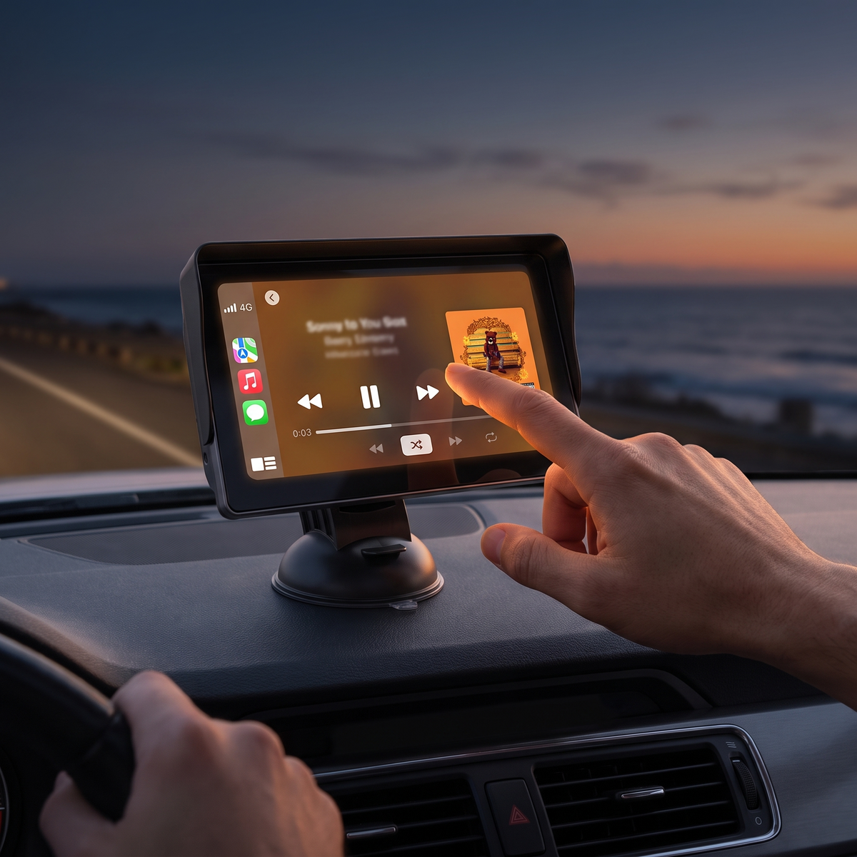 7-Inch Portable Wireless CarPlay & Android Auto Screen – choosing music on the touchscreen at dusk