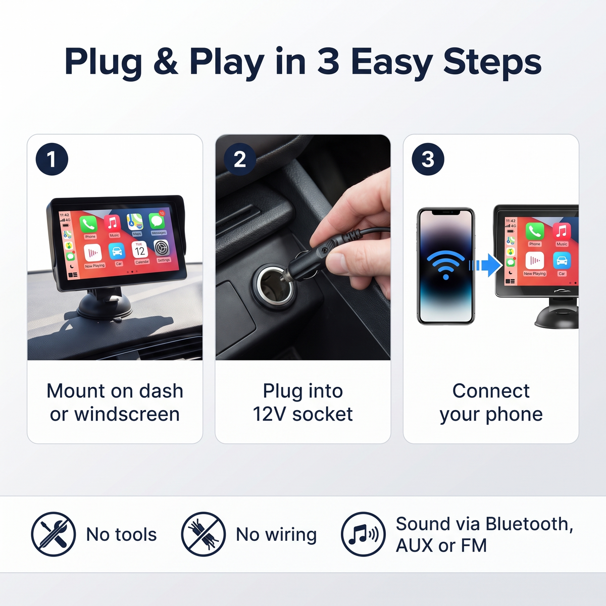 7-Inch Portable Wireless CarPlay & Android Auto Screen – plug-and-play install in 3 easy steps