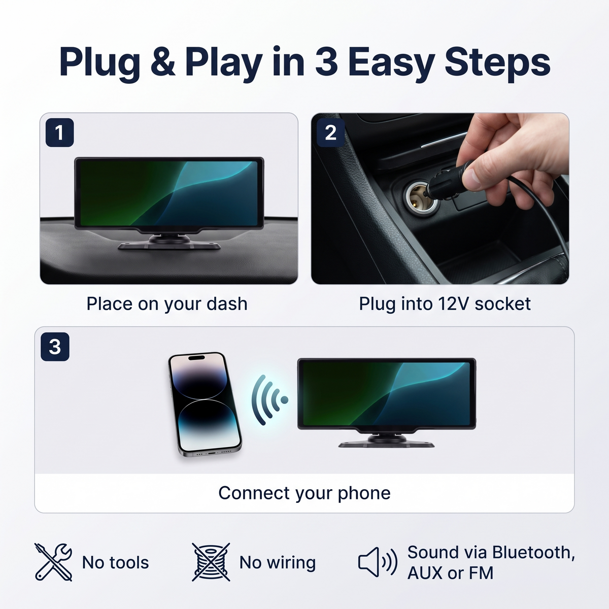 10.26-Inch Wireless CarPlay & Android Auto Screen with Dash Cam – plug-and-play install in 3 easy steps