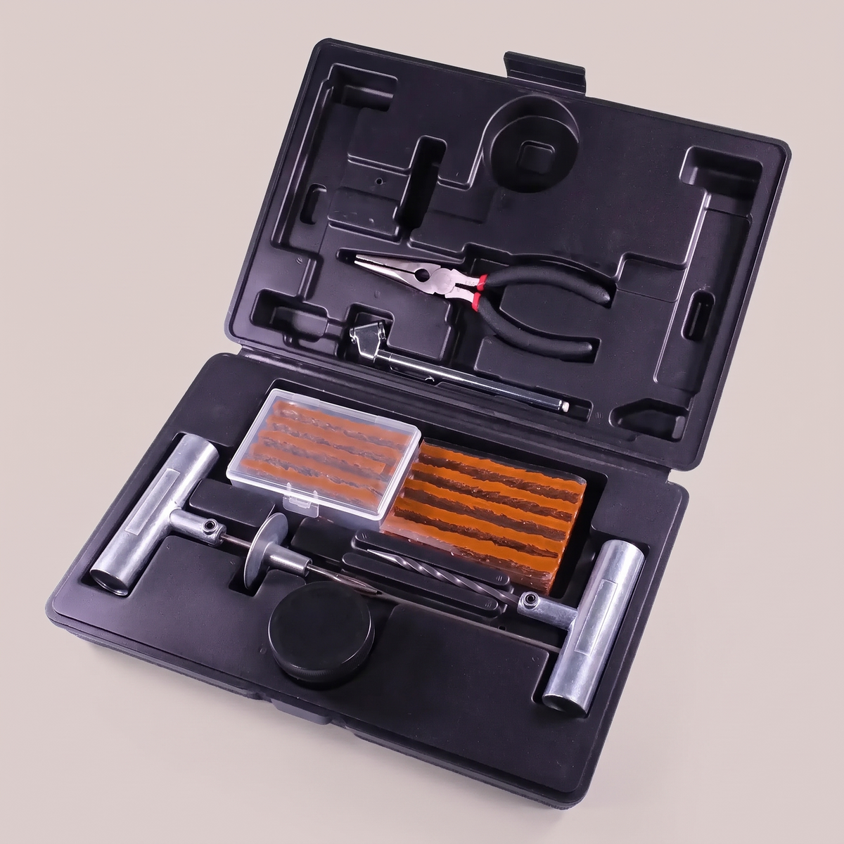 Tyre Puncture Repair Kit with Plugs, Tools & Gauge – all kit contents laid out