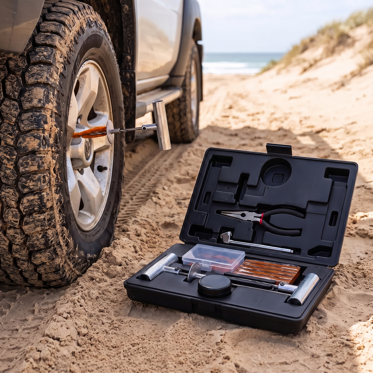 Tyre Puncture Repair Kit with Plugs, Tools & Gauge – insertion tool and plug close-up