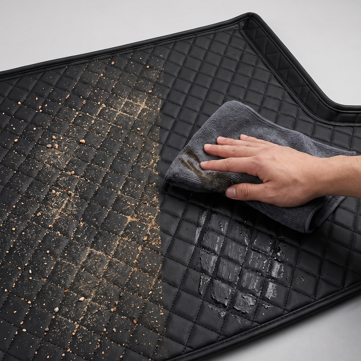 Wiping sand off a boot mat
