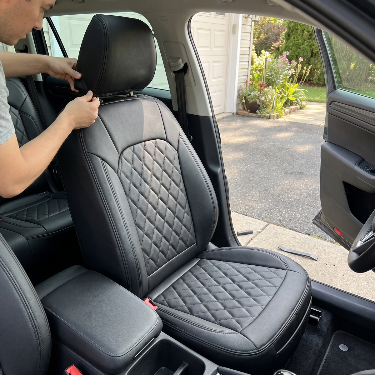 Fitting a quilted seat cover to a car seat