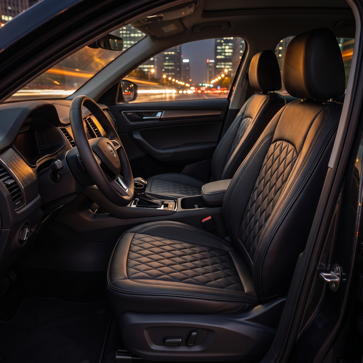 Quilted seat covers in a car at night