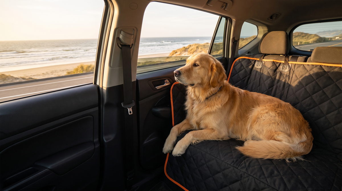 Dog on a road trip on a rear seat cover
