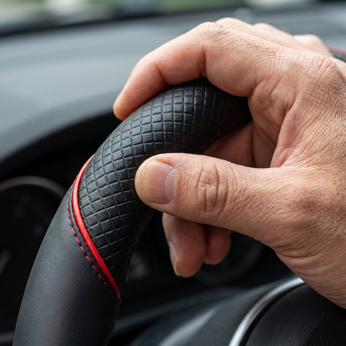 Close-up of steering wheel cover stitching