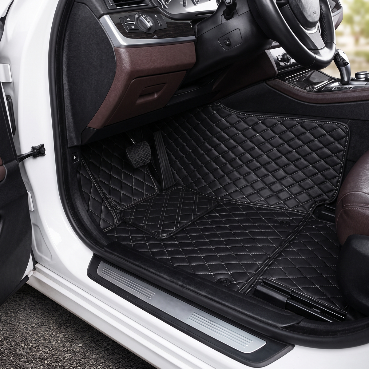 Diamond-quilted leather car floor mats