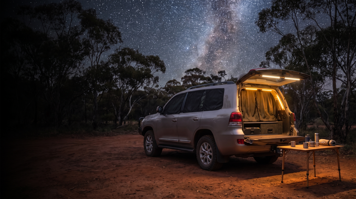 Car camping at night with window screens and camp light